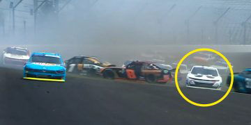 Shane van Gisbergen avoids crashing cars on lap one at Indianapolis Motor Speedway.