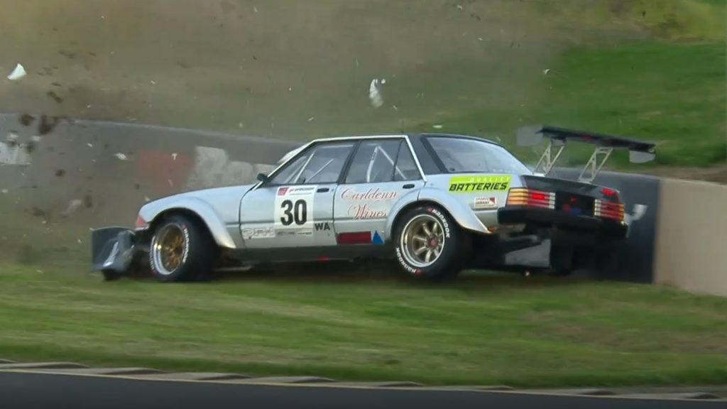 Ryan Humfrey crashes his Ford Falcon at Sydney Motorsport Park.