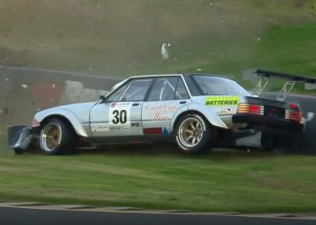 Ryan Humphrey crashes his Ford Falcon at Sydney Motorsport Park.