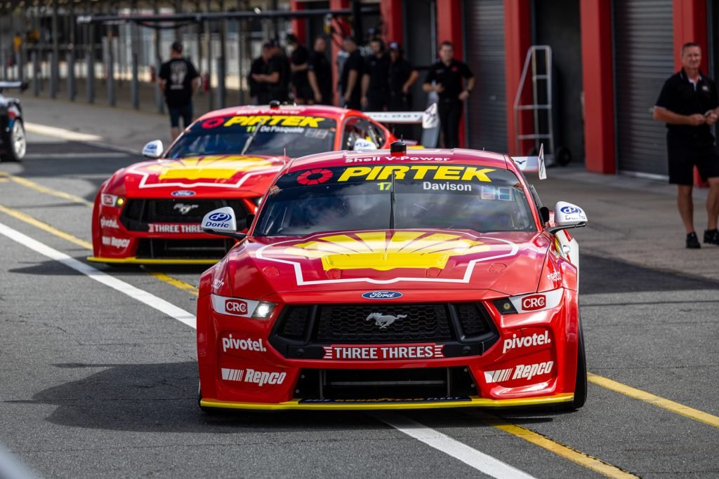 The DJR Mustangs in pre-season testing at Queensland Raceway