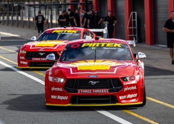 The DJR Mustangs in pre-season testing at Queensland Raceway