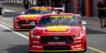 The DJR Mustangs in pre-season testing at Queensland Raceway