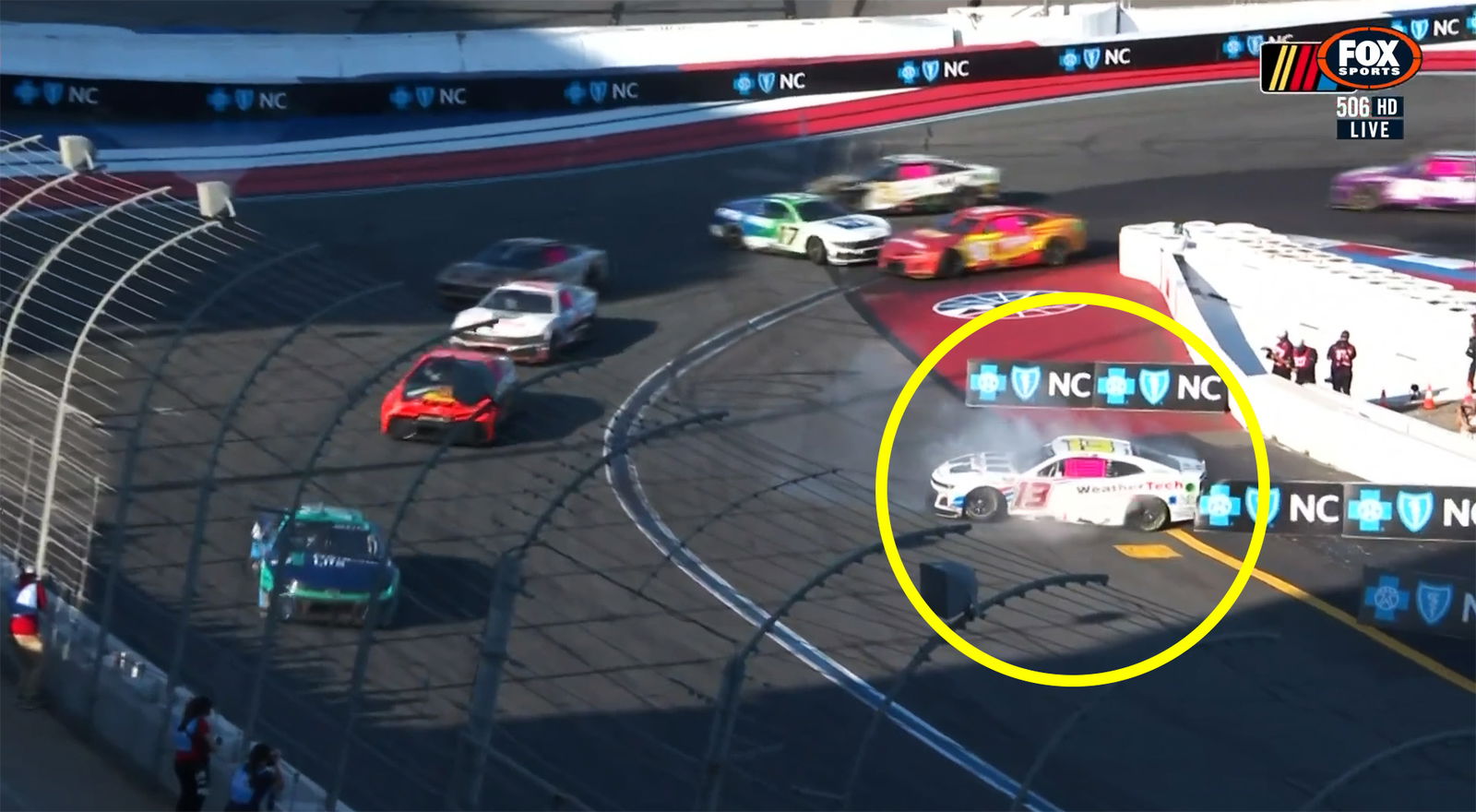 Shane van Gisbergen (circled) spins after being hit by Carson Hocevar.