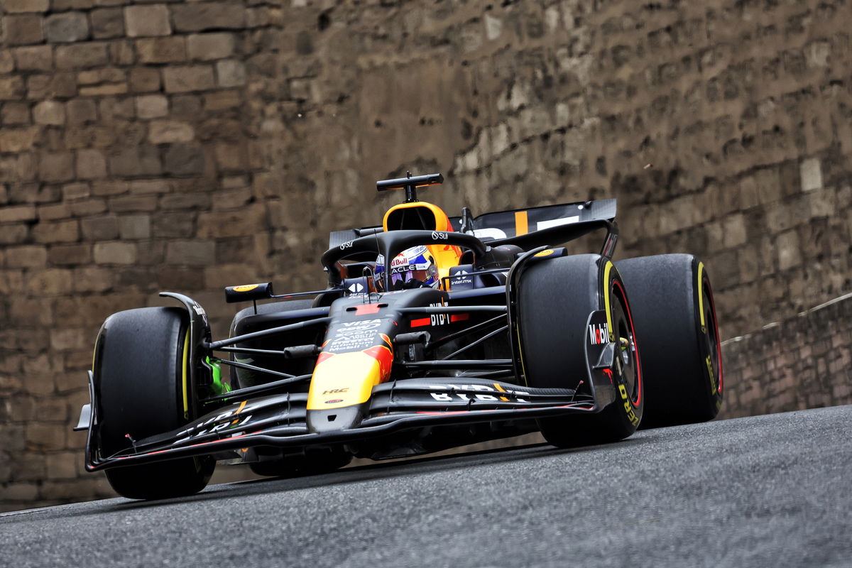 Max Verstappen was fastest and Sergio Perez third best after a red flag hit opening hour of practice for the Azerbaijan Grand Prix. Image: Bearne / XPB Images