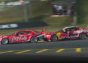 Shane van Gisbergen (right) makes nose-to-tail contact with Will Brown in Race 18 of the Supercars Championship in 2023. Image: Fox Sports