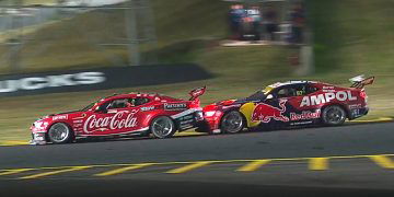 Shane van Gisbergen (right) makes nose-to-tail contact with Will Brown in Race 18 of the Supercars Championship in 2023. Image: Fox Sports